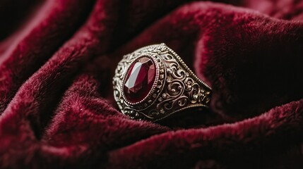 Vintage silver ring placed on burgundy velvet cloth, rich contrast and luxurious texture