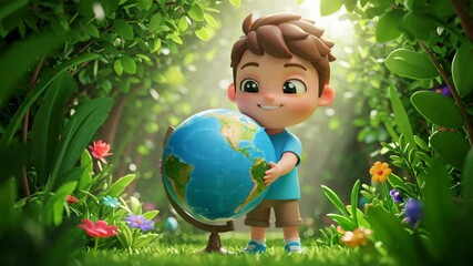 Holding Earth Globe in Green Natural Setting Animation Cartoon - Powered by Adobe