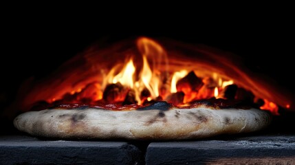 Pizza baking in a wood-fired oven.  Hot, fiery flames enveloping a pizza