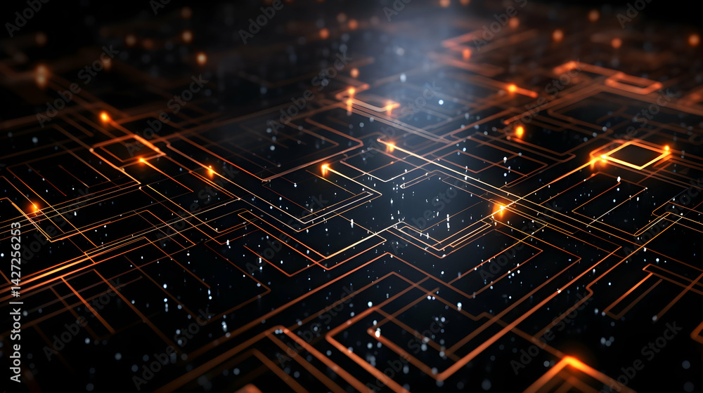 Poster abstract technological landscape: golden interconnected network rendering