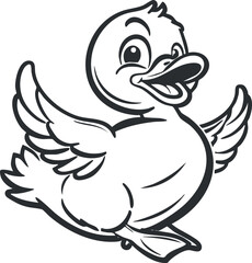 A playful cartoon illustration of a happy duck with wings spread in a joyful pose.