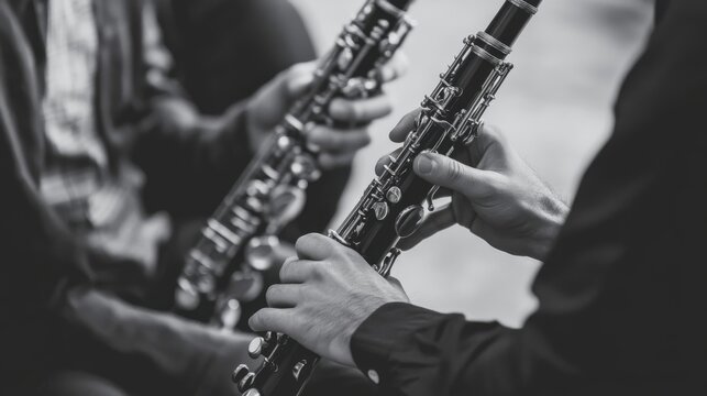 Close-up view of clarinets being played by musicians.
