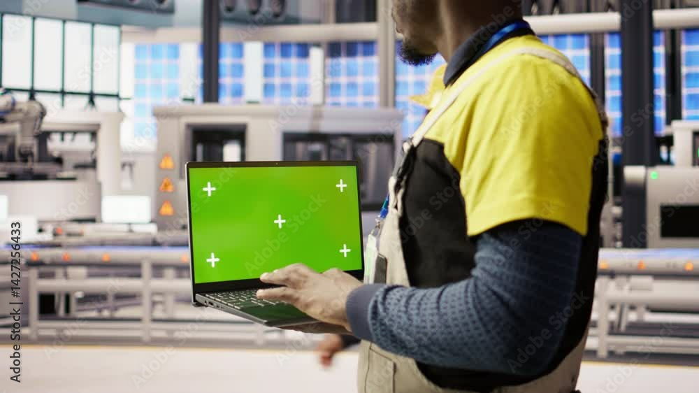 Poster factory engineer using green screen laptop to calibrate high tech machinery and analyze sensor data.