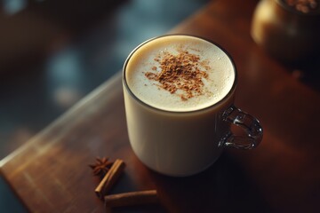 A cozy cup of spice-infused latte served with cinnamon sticks, perfect for a warm, inviting atmosphere.
