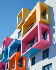 A vibrant, colorful building facade with bold pink, yellow, and blue hues, showcasing modern architecture and dynamic design, ideal for concepts of creativity and urban design.

