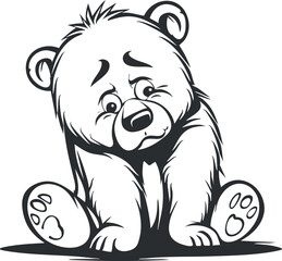 A cute cartoon bear character looking sad with big expressive eyes and fluffy fur.