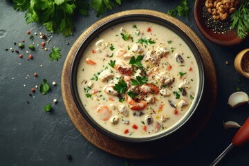 Delicious creamy chicken soup garnished with fresh herbs, colorful vegetables, and spices.