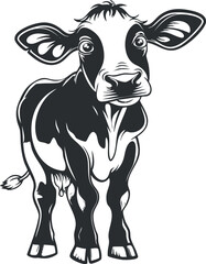 A charming illustration of a cute black and white calf on a farm.