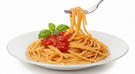 A plate of spaghetti with tomato sauce and basil being lifted with a fork on white background