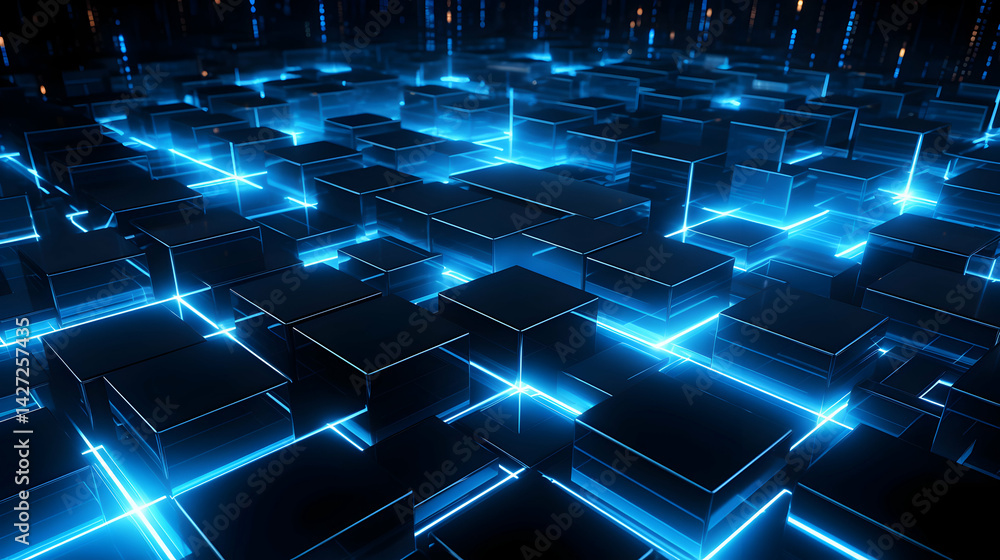 Poster abstract technological landscape with glowing lines and block shapes in darkness