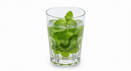 A clear glass filled with water and fresh green mint leaves on a white background in studio shot