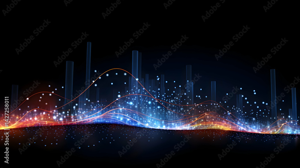 Poster abstract visualization of data waves and luminous particles against dark backdrop