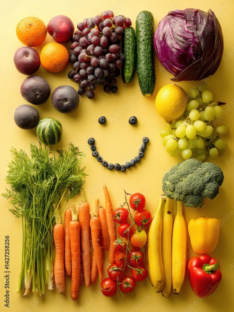 Poster fruits and vegetables creatively arranged as a smiling face on a bright yellow surface promoting nut