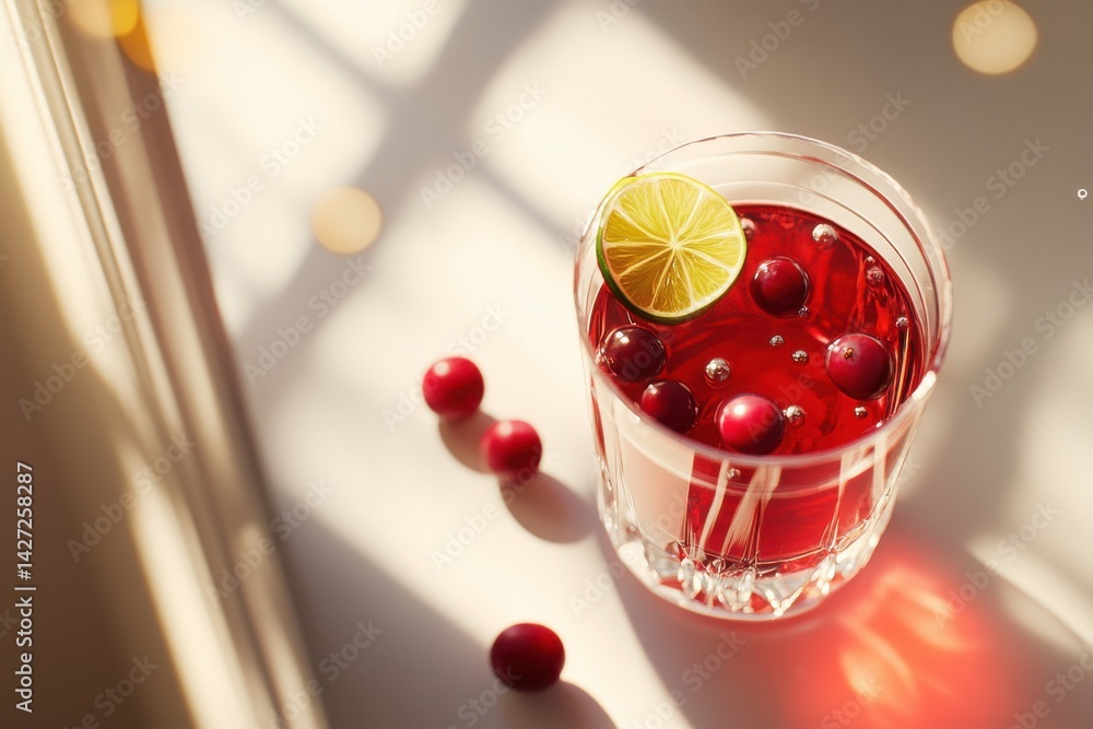 Poster a refreshing red drink garnished with a lime slice, surrounded by cranberries, capturing a bright an