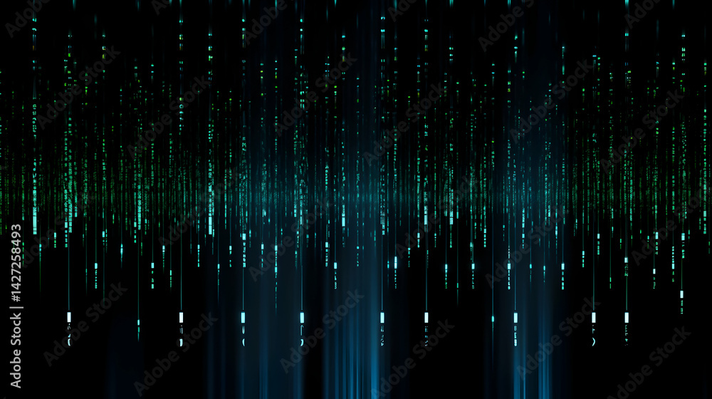 Poster abstract digital rain background with glowing falling code effect, vibrant colours