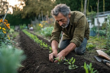 Man Planting Seedlings in Garden Bed - Warm Tones Photography - Gardening, Sustainability, Local Food, Green Lifestyle, Farmer, Back Yard, Manual Labor, Soil