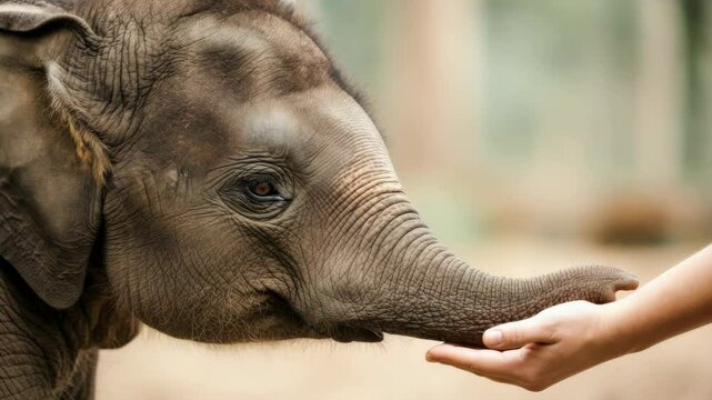 Close-up of elephant calf touching human hand, symbolizing compassion and connection with wildlife