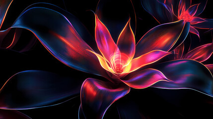 Naklejka premium Artistic depiction of glowing neon aloe leaves casting vibrant light against a dark black background,. Laser Lily. Illustration