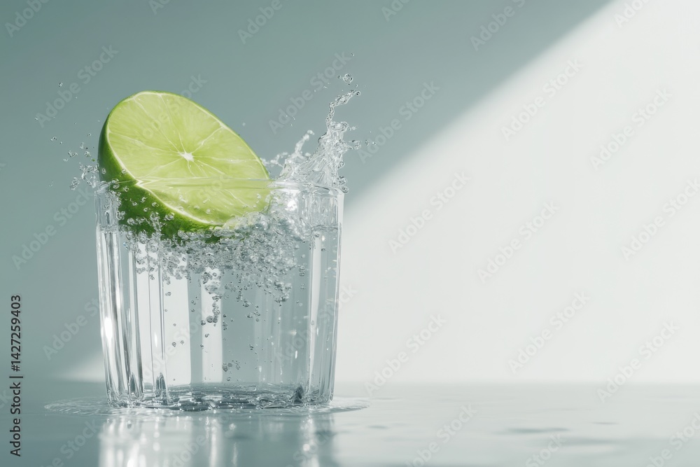 Poster a fresh lime slice creating splashes in a glass of sparkling water under soft light.