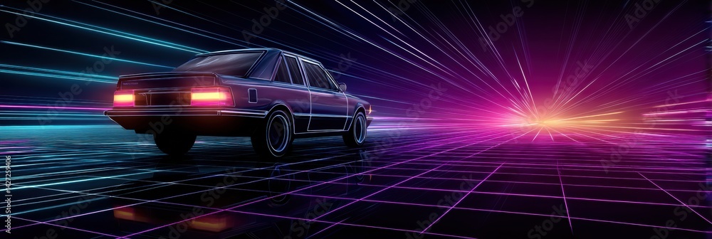 Poster retro 80s synthwave car speeds along a neon grid under a starry sky, capturing the essence of vibran