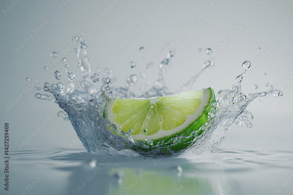Poster a fresh lime slice splashes into clear water, creating a dynamic and refreshing visual.