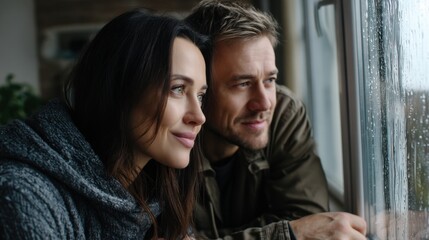 Obraz premium Young couple looking out a rain-streaked window, enjoying a moment together indoors, cozy and contemplative mood