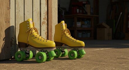 A pair of yellow roller skates with green wheels sitting next to a wooden wall in a garage