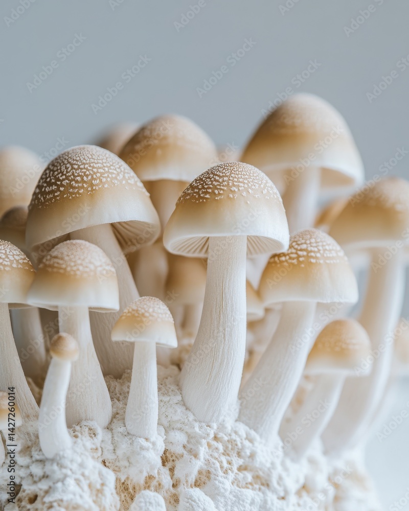 Poster cluster of delicate mushrooms showcasing their unique shapes and textures against a soft background.