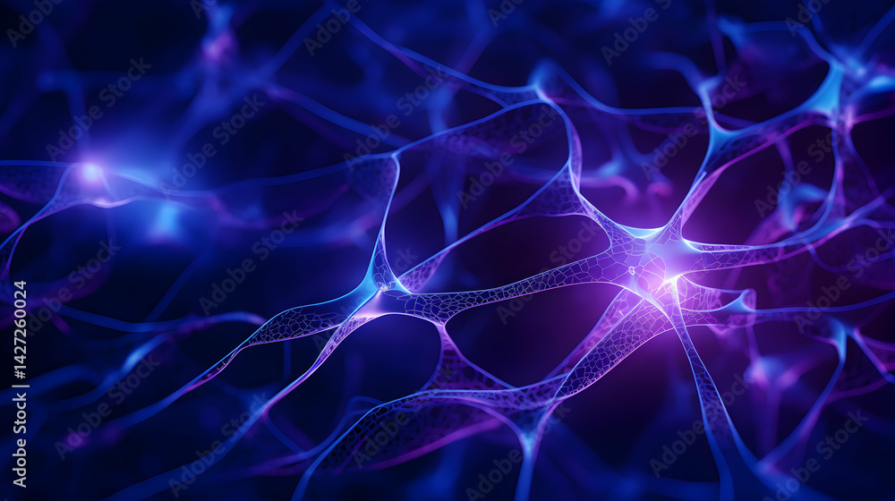 Poster abstract neuron network connection with glowing light on a dark space background