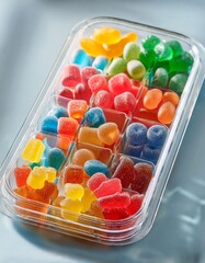 Assorted Colorful Gummy and Jelly Candies in a Clear Tray. 