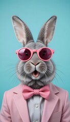 Funny easter concept holiday animal celebration greeting card - Cool easter bunny, rabbit with pink sunglasses and bow tie, pink suit isolated on blue background