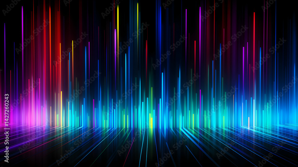 Poster dynamic spectrum visualization with vibrant light rays and dark background