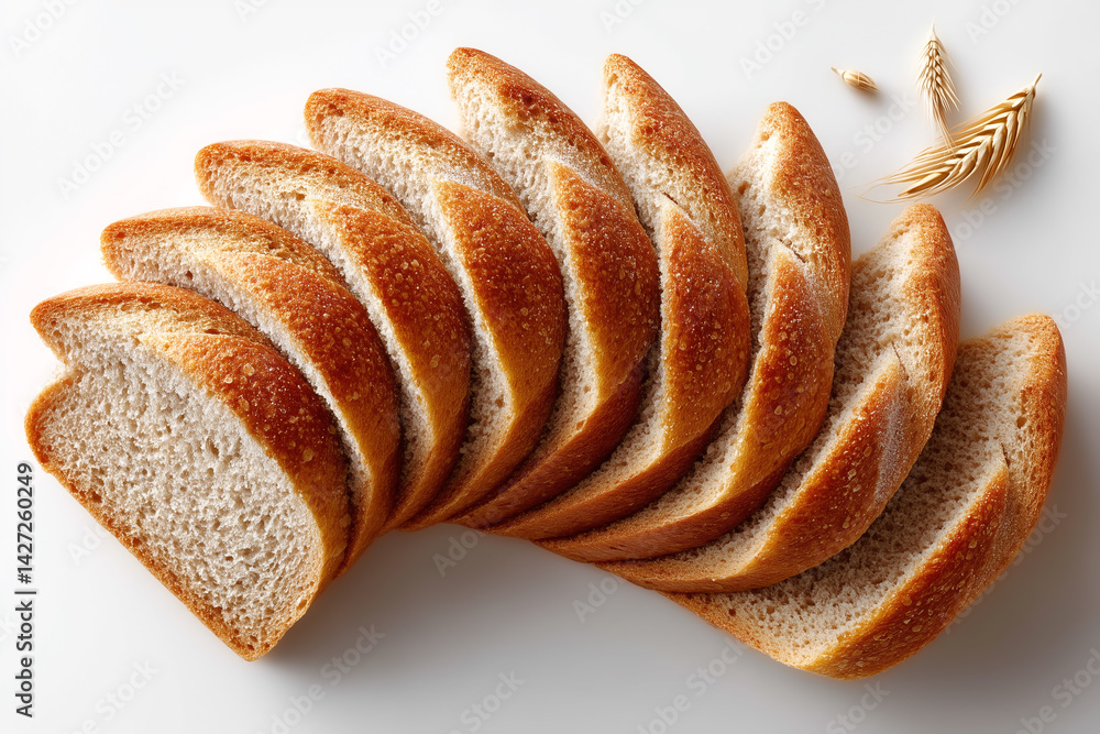Poster sliced spelt bread arranged in a fan displays soft texture in minimalist style. clean white backgrou