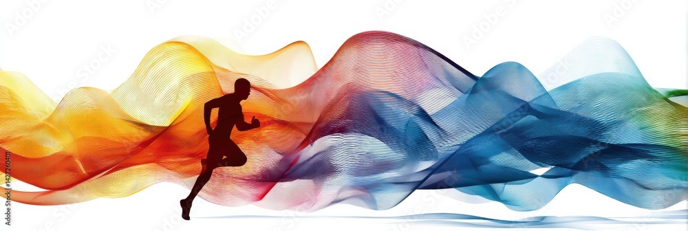 Poster dynamic runner amidst swirling energy waves showcasing motion and vitality in a vibrant abstract lan