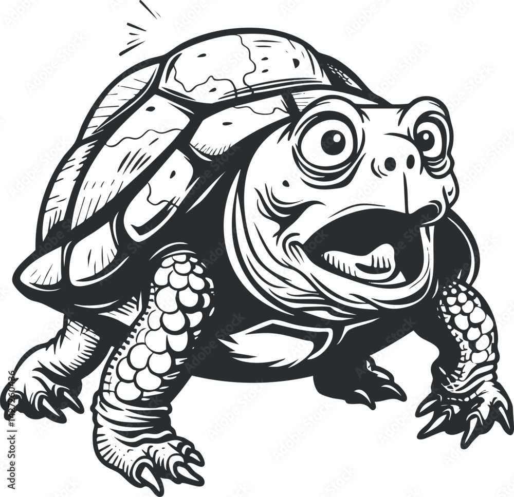 Poster a playful cartoon turtle illustration with a humorous expression and detailed shell features.