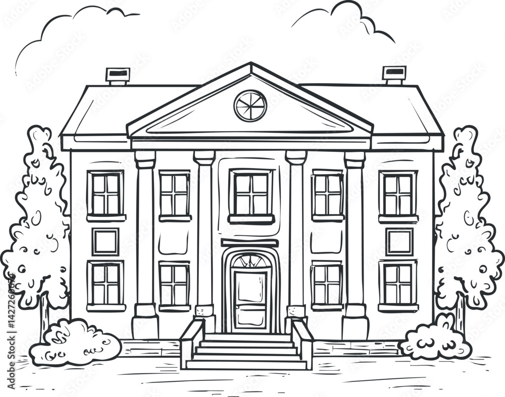 Aufkleber a detailed sketch of a classic building with columns and surrounding trees.