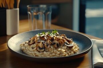 A delicious plate of creamy mushroom risotto garnished with fresh herbs, showcasing rich textures and flavors.