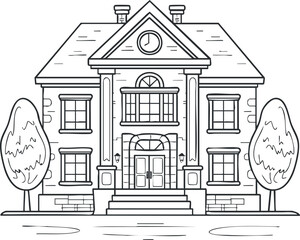A detailed line art illustration of a classic two-story house with trees and a front yard.