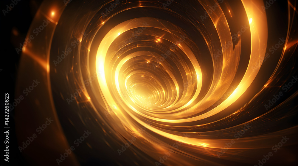 Poster a captivating visual journey through a golden glowing circular abstract vortex