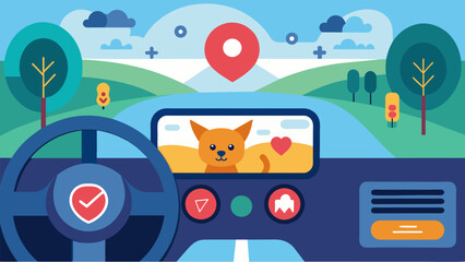 Naklejka premium A dashboard display in a car that shows the temperature heart rate and GPS location of a beloved pet left alone inside giving peace of mind to the. Vector illustration