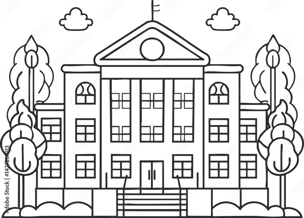Poster a simple line art illustration of a school building surrounded by trees and clouds.