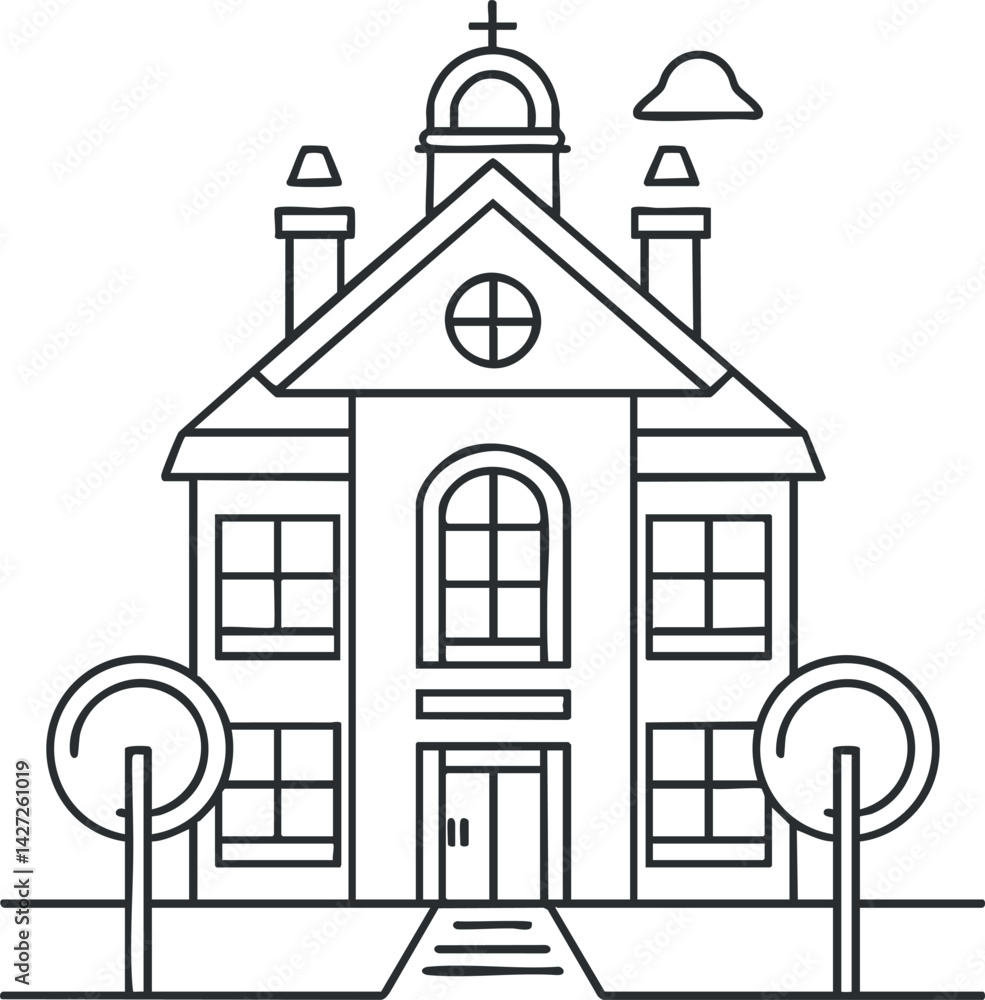 Aufkleber a simple linear illustration of a school building surrounded by trees and a pathway.