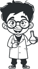 A cheerful cartoon boy scientist in a lab coat holding a flask in a laboratory setting