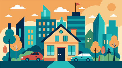 Obraz premium A peaceful home surrounded by the chaos of a busy city street.. Vector illustration