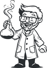 A cheerful cartoon scientist holding a beaker with bubbling liquid and smoke.