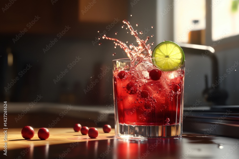 Poster a refreshing cranberry cocktail with lime and ice, capturing the essence of summer vibes.