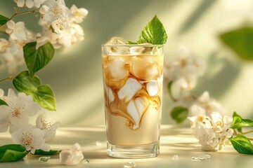 Refreshing iced coffee with milk and ice, garnished with mint, surrounded by blooming white flowers.