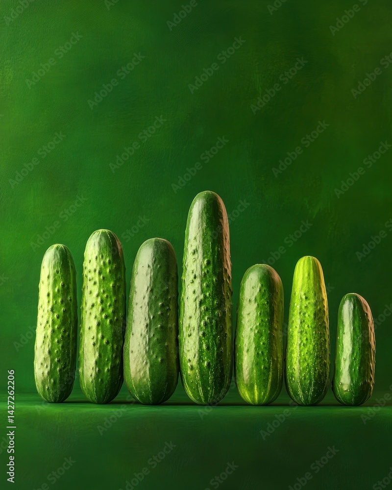 Poster an array of fresh cucumbers showcasing varying sizes against a vibrant green backdrop.