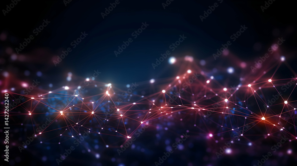 Poster interconnected network of luminous nodes against a deep gradient background