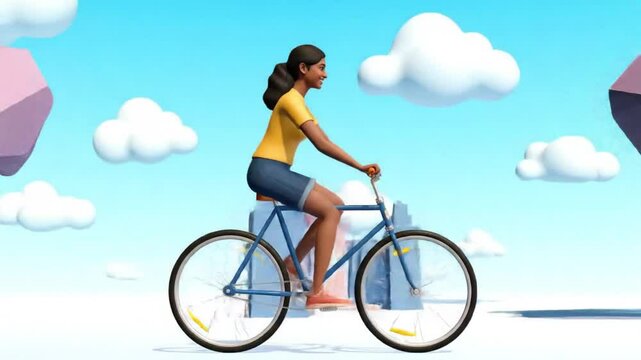 Joyful Young Woman Cycling Through a Dreamlike Low-Poly Landscape on a Sunny Day